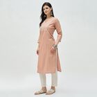 Women's Peach Pink Cotton Notch Neck Embroidered Kurta, Pink, small