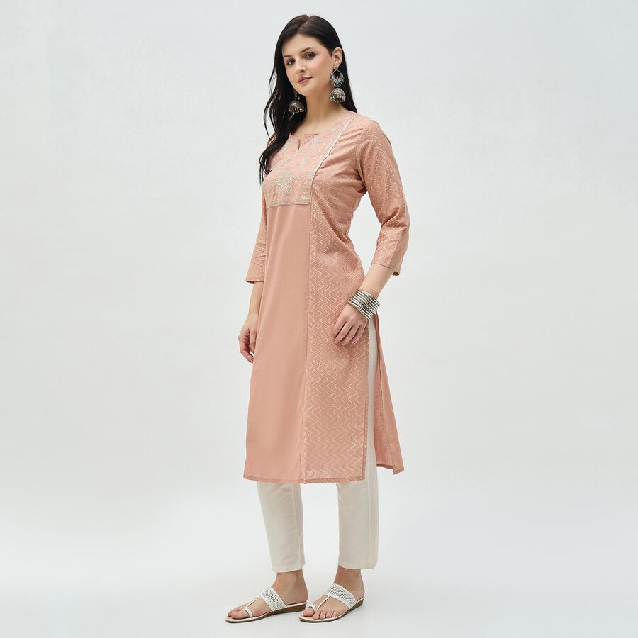 Women's Peach Pink Cotton Notch Neck Embroidered Kurta, Pink, large