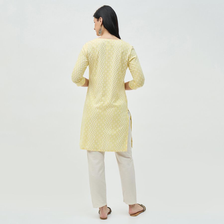Women's Soft Lemon Yellow Round Neck Printed Kurta, पीला, large