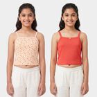 Girls' Peach Cotton Square Neck Sleeveless Vest, पीच, small