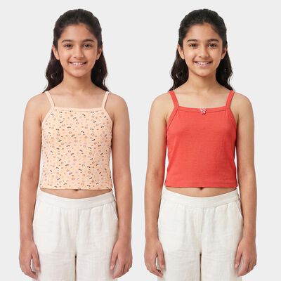 Girls' Peach Cotton Square Neck Sleeveless Vest