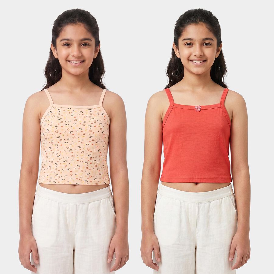 Girls' Peach Cotton Square Neck Sleeveless Vest, पीच, large
