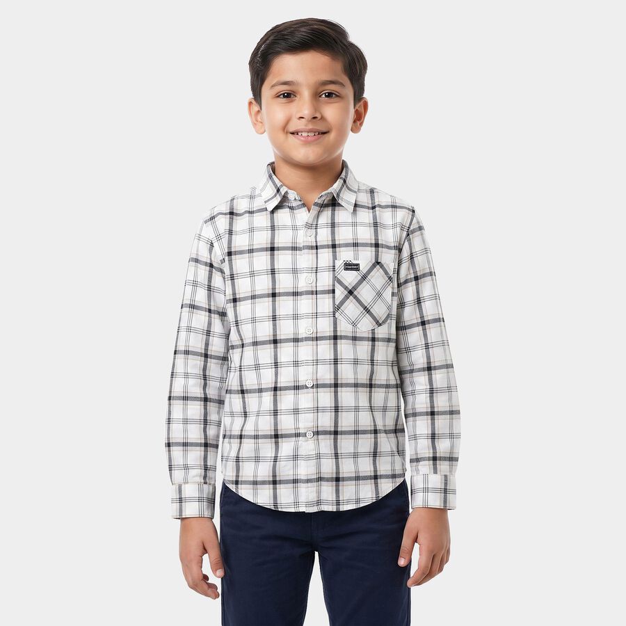 Boys White Cotton Long Sleeve Collared Shirt, सफ़ेद, large