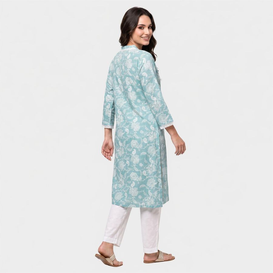 Women's Light Blue V-Neck Floral Printed Kurta, Light Blue, large