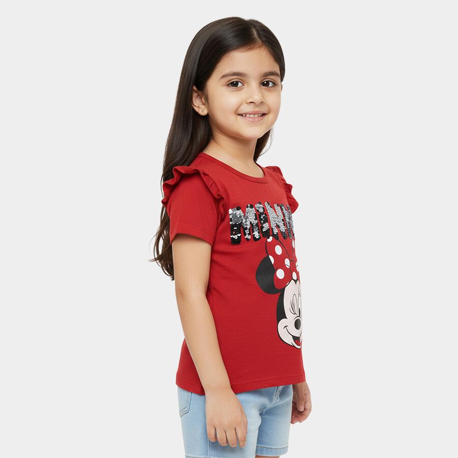 Girls' Red Cotton Round Neck Ruffle Sleeve Graphic T-Shirt, लाल, large