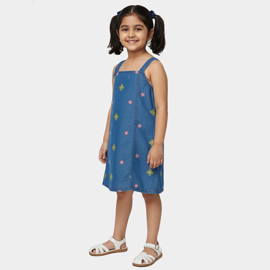 Girls' Blue Floral Embroidered Sleeveless Denim Frock, Mid Blue, large