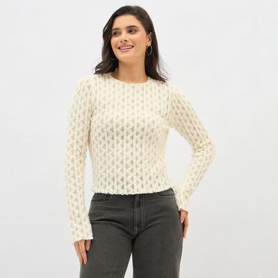 Women's Off White Round Neck Casual Top