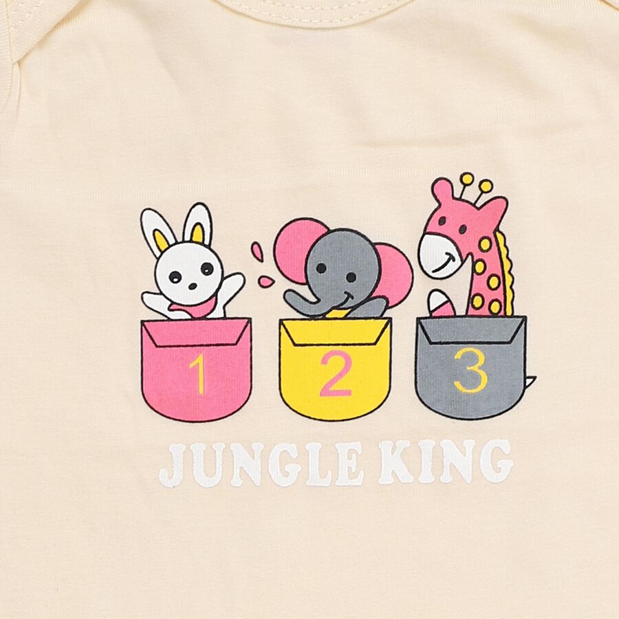 Infants' Beige Cotton Round Neck Graphic Baba Suit, Beige, large