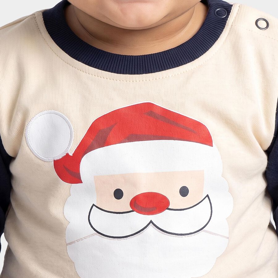 Infants' Beige 100% Cotton Round Neck Santa Graphic Print Baba Suit, Beige, large