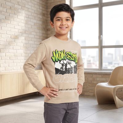 Boys' Beige Crew Neck Graphic Print Sweatshirt