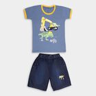 Boys' Blue Cotton Round Neck Printed Baba Suit, Mid Blue, small