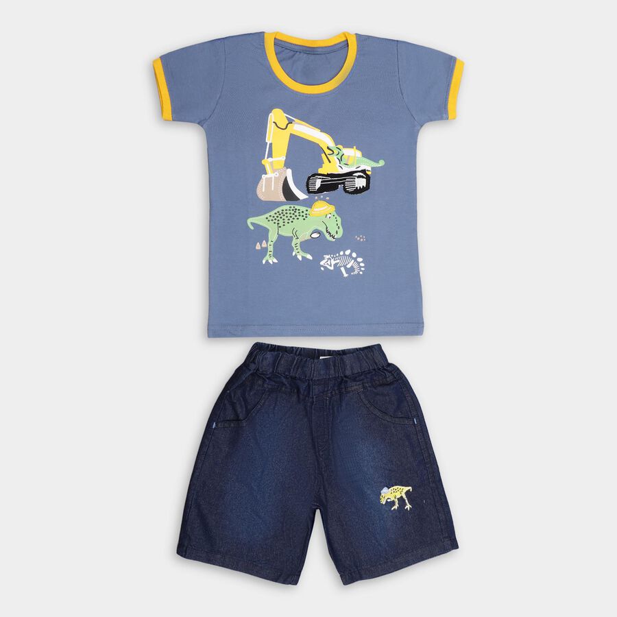 Boys' Blue Cotton Round Neck Printed Baba Suit, Mid Blue, large