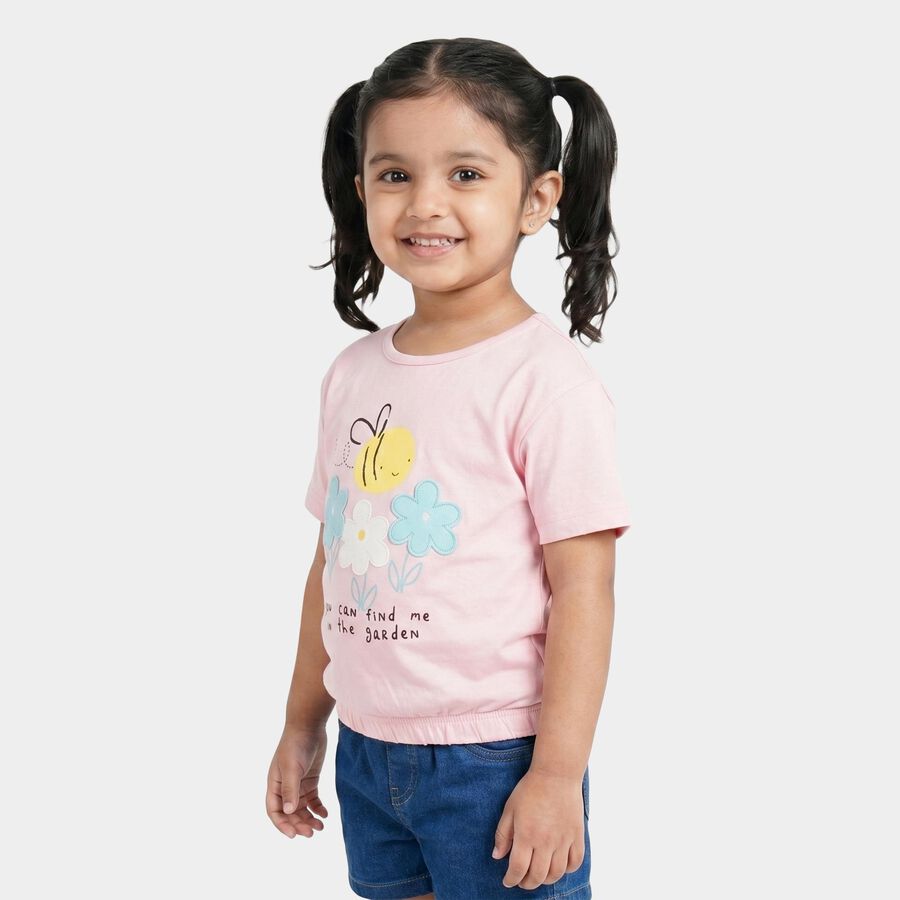 Girls Pink Cotton Round Neck Regular T-Shirt, Light Pink, large