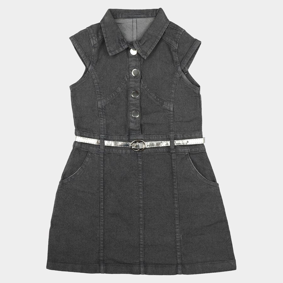 Girls' Grey Shirt Style Belted Frock, हल्का ग्रे, large