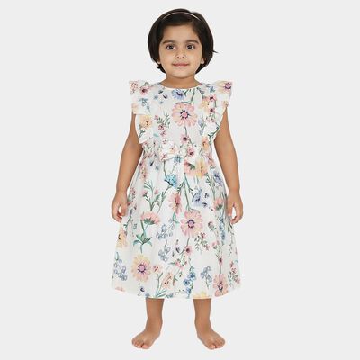 Girls' White Floral Printed Ruffled Frock