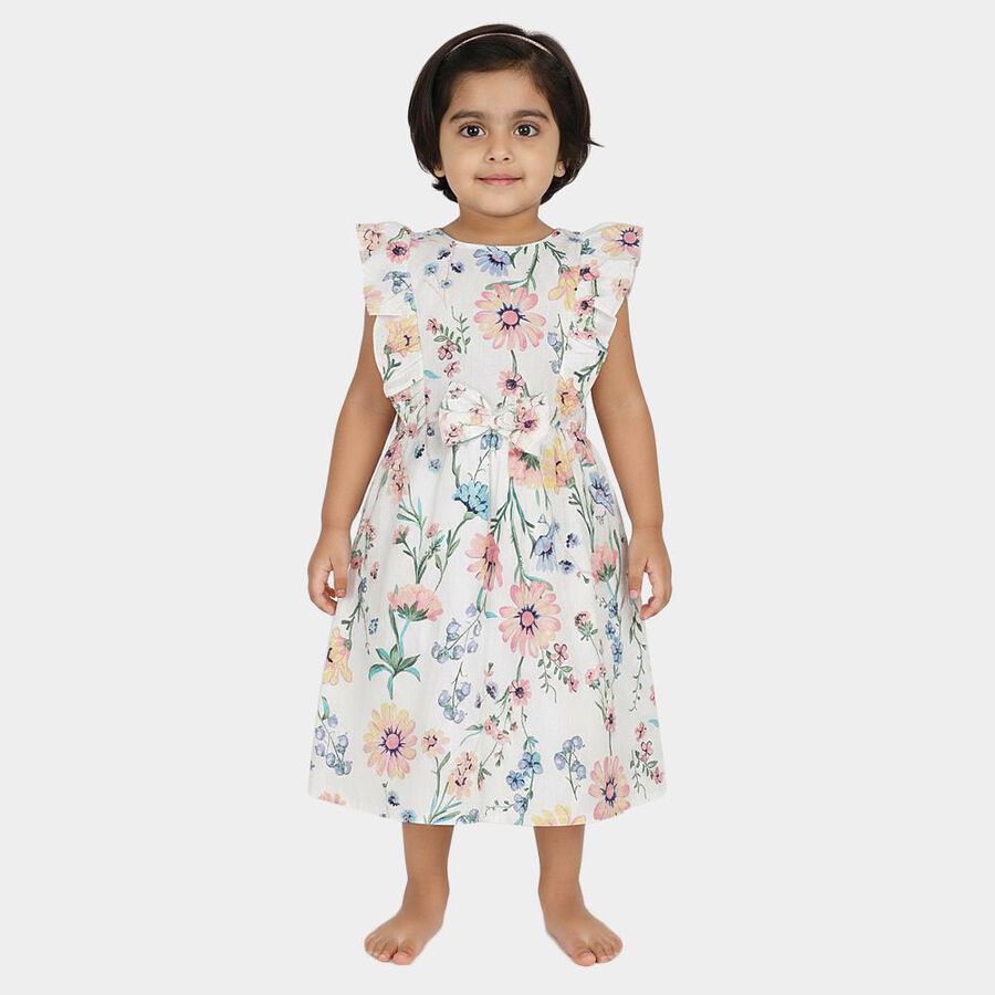 Girls' White Floral Printed Ruffled Frock, Off White, large