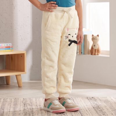 Girls' Cream Regular Fit Cat Applique Jogger Pyjama