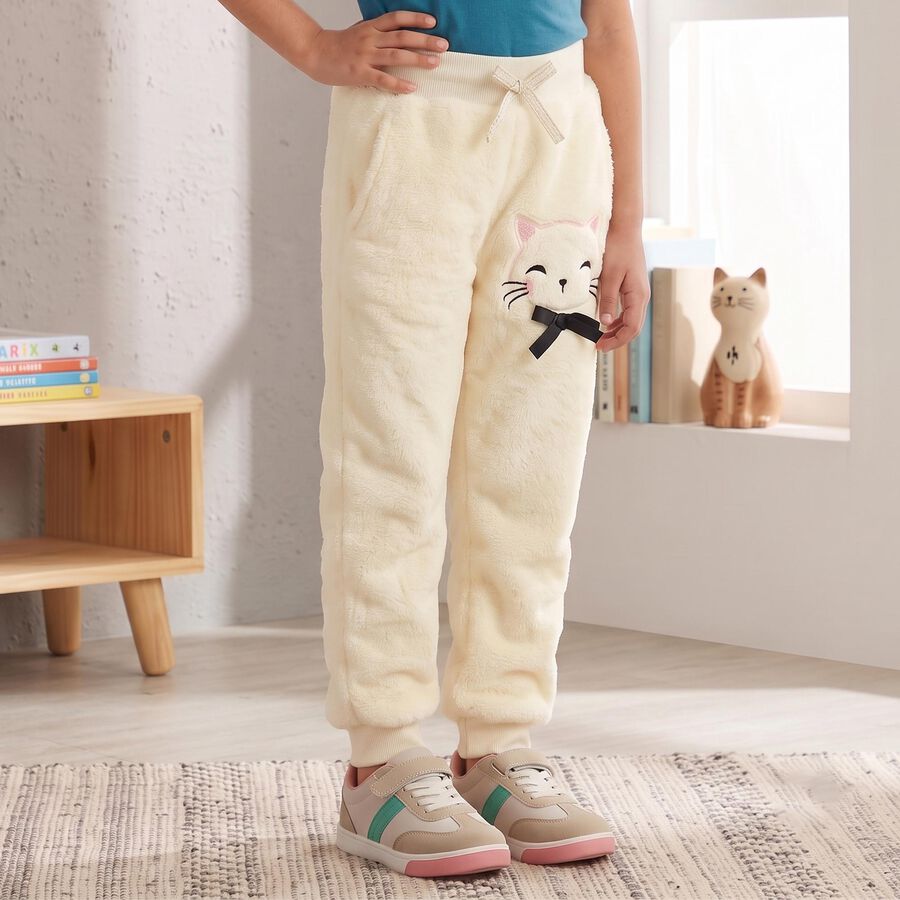 Girls' Cream Regular Fit Cat Applique Jogger Pyjama, ऑफ व्हाइट, large