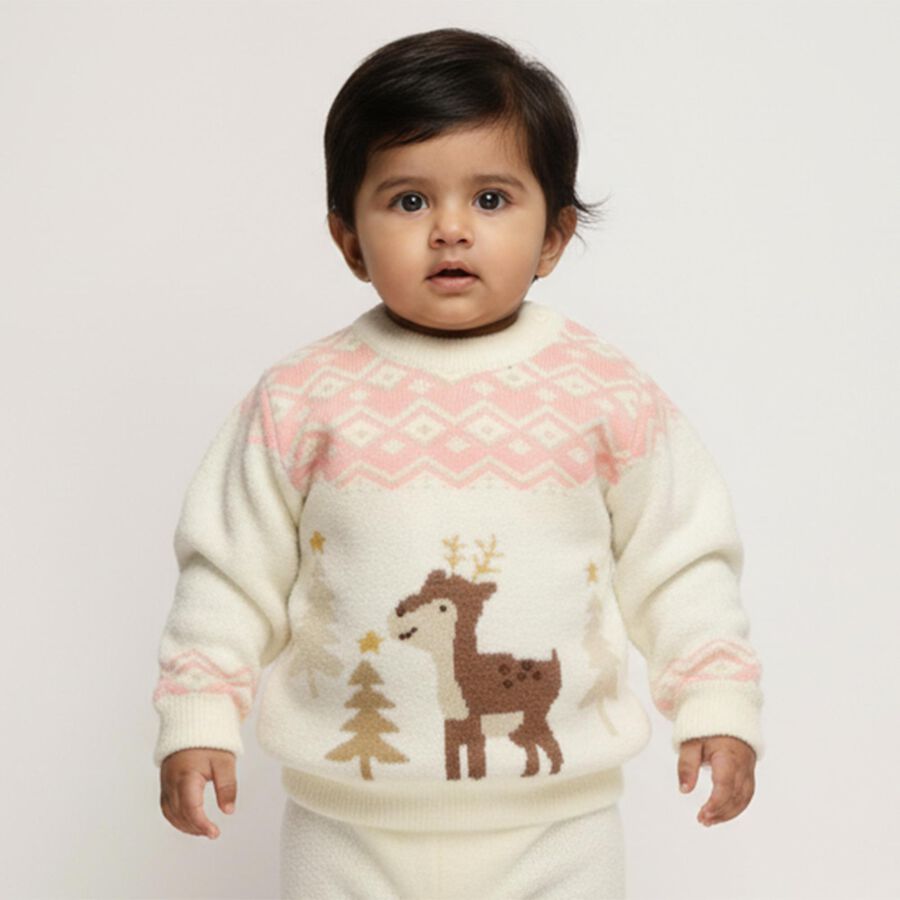 Infants Off-White Crew Neck Casual Pullover, ऑफ व्हाइट, large image number null