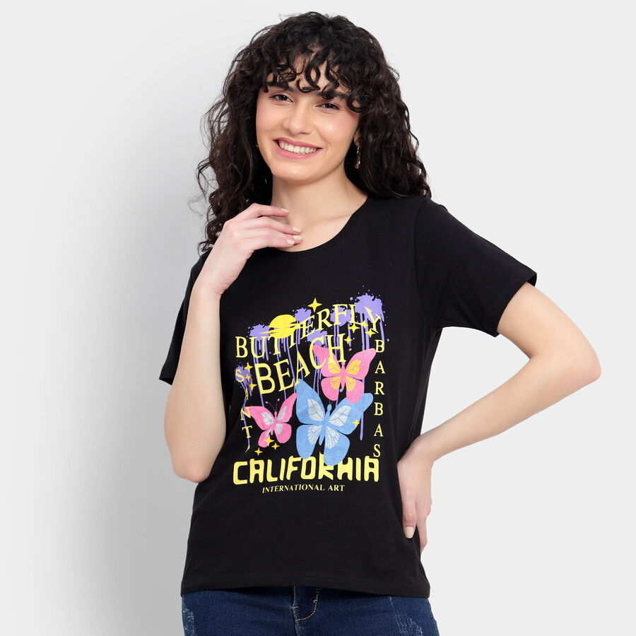 Cotton Round Neck T-Shirt, काला, large image number null