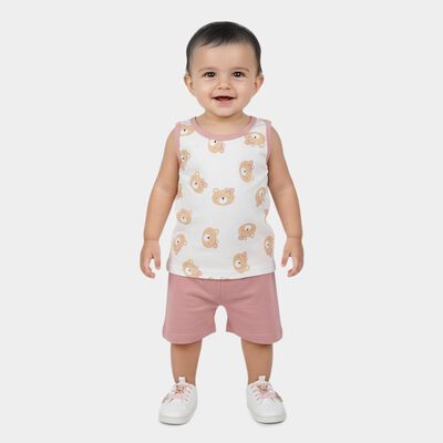 Infant Girl Pink Cotton Sleeveless Bear Print Shorts Set