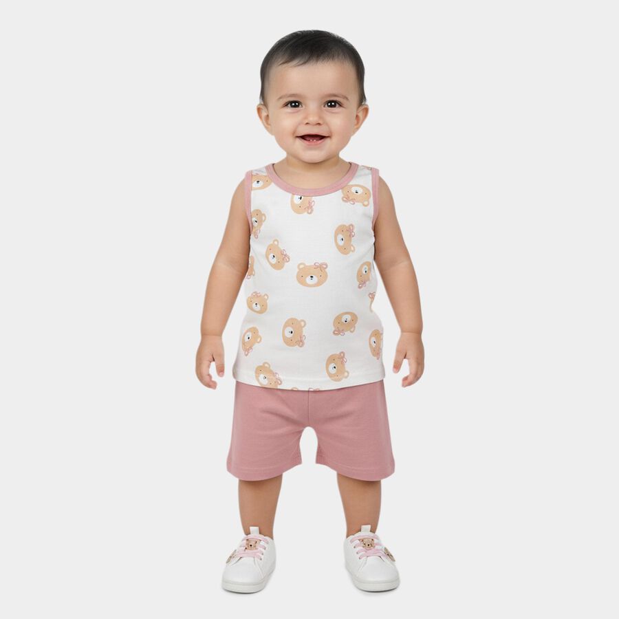 Infant Girl Pink Cotton Sleeveless Bear Print Shorts Set, Light Pink, large