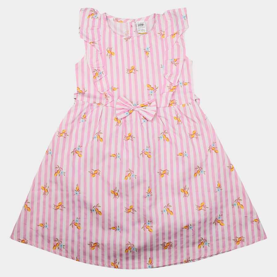 Girls' Lilac Striped Floral Printed Fit and Flare Frock, Lilac, large