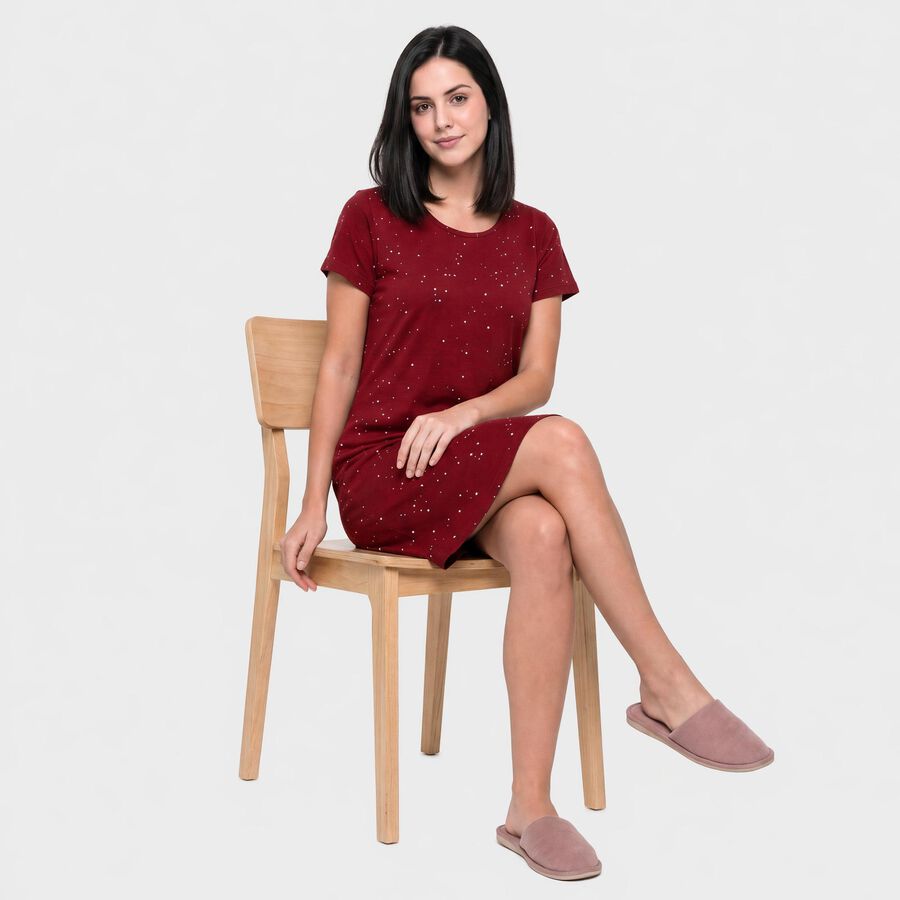 Women's Wine Cotton Round Neck T-Shirt Style Nighty, Wine, large