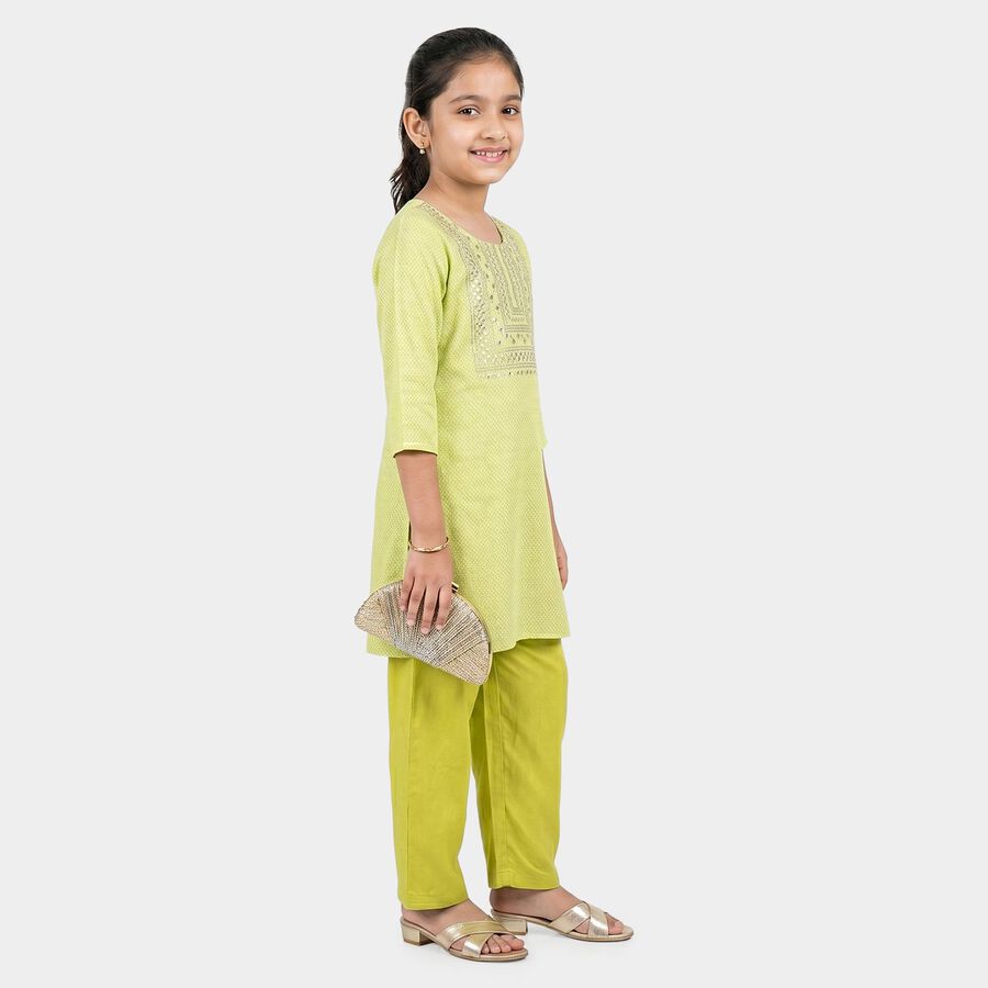 Girls Green Round Neck Fusion Set Upper and Bottom Set, हल्का हरा, large