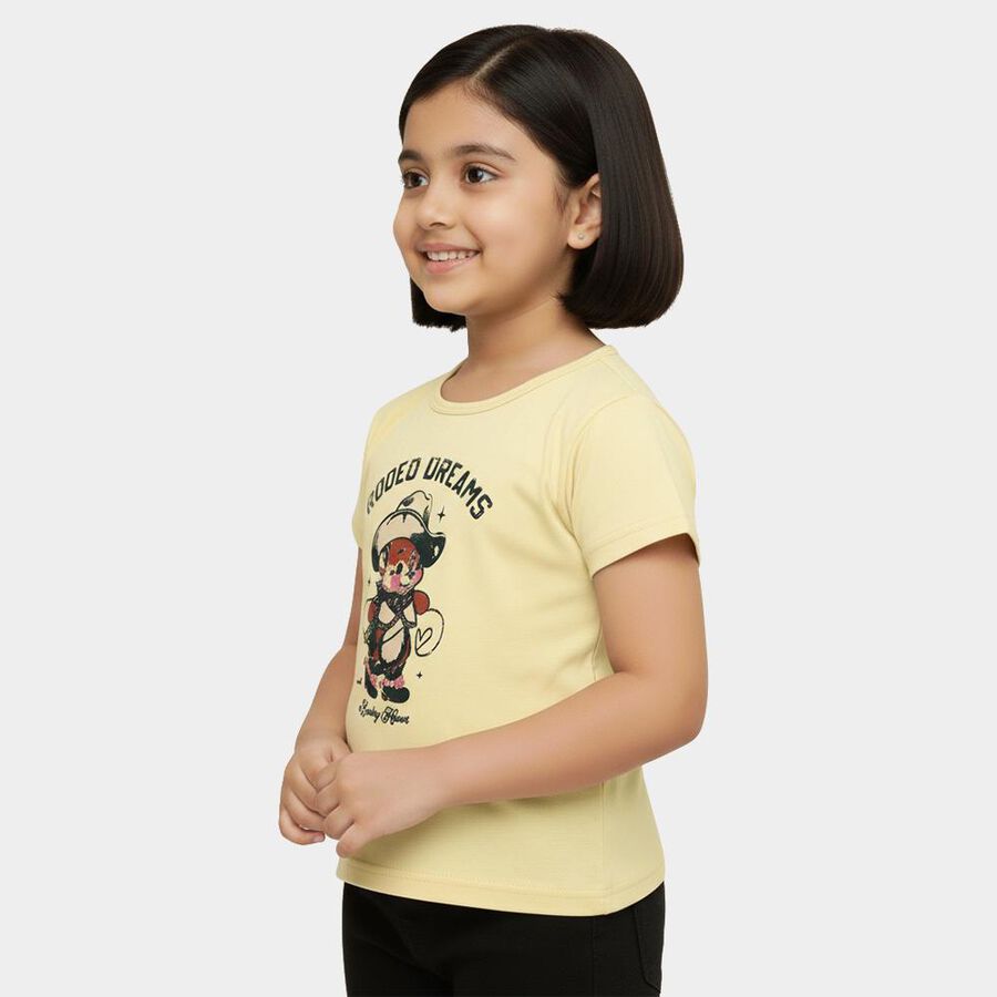 Girls' Bright Yellow Cotton Round Neck Casual T-Shirt, Yellow, large