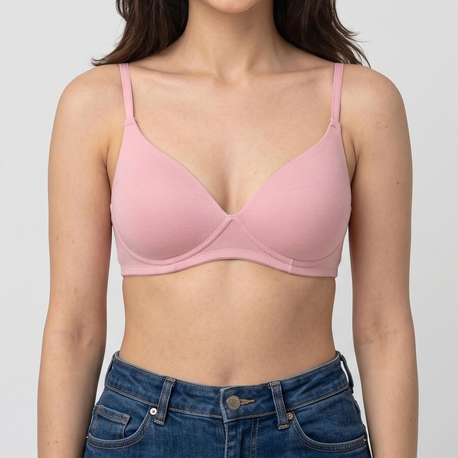 Women's Pink Cotton Blend V-Neck T-Shirt Bra, हल्का गुलाबी, large