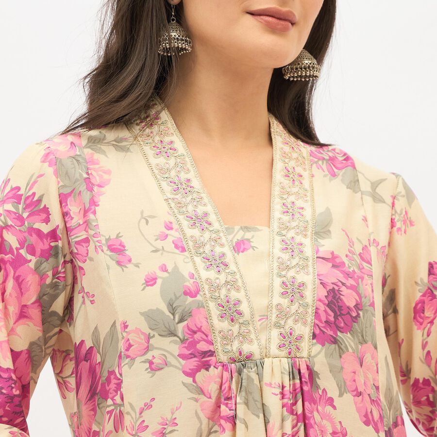 Women's Light Beige Floral Printed Ethnic Set, Purple, large image number null