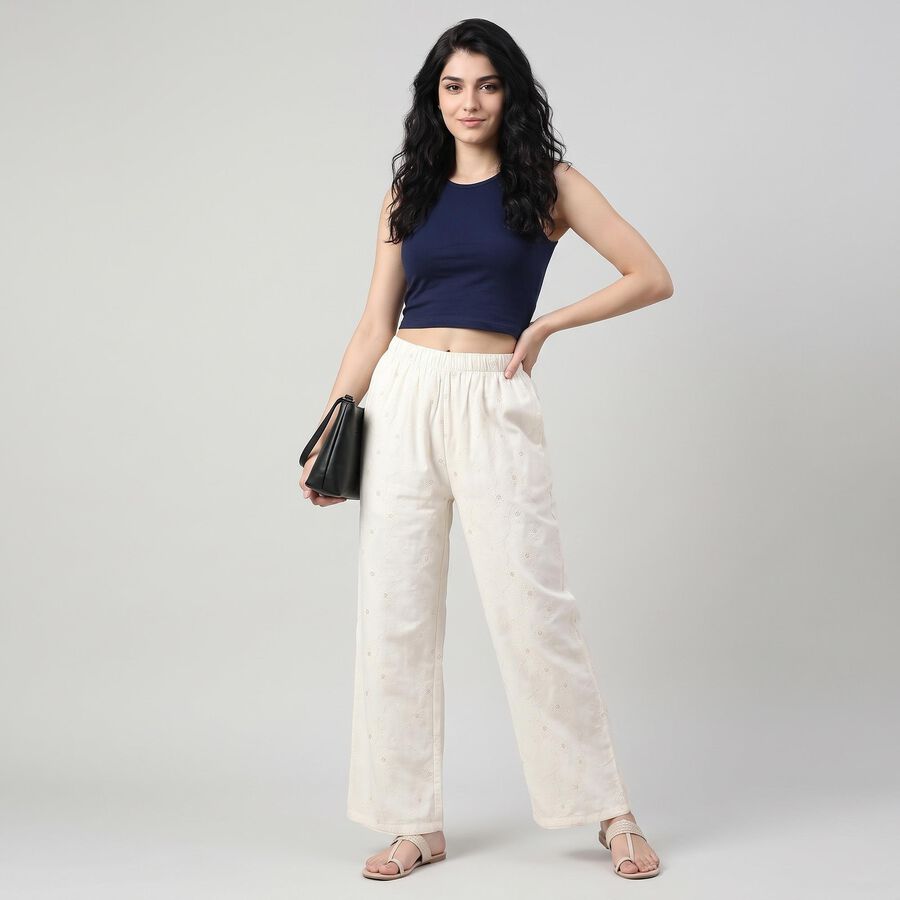 Women's Cream Regular Fit Textured Floral Palazzos, ऑफ व्हाइट, large