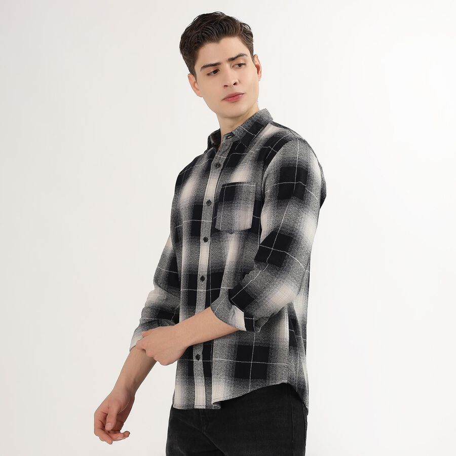 Men's Black and White Cotton Spread Collar Casual Shirt, Black, large