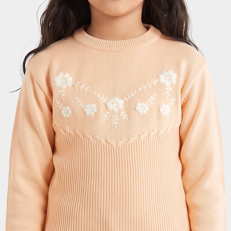 Girls' Light Pink Crew Neck Embroidered Pullover, Light Pink, large