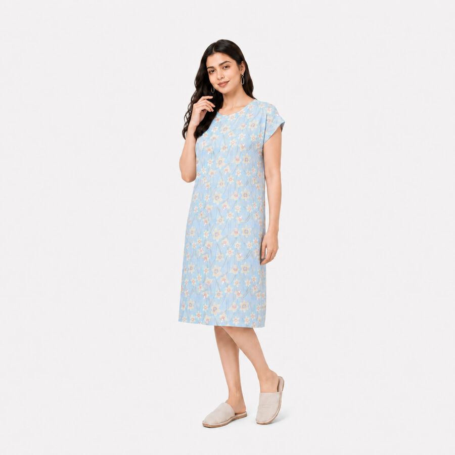 Women's Light Blue Round Neck T-Shirt Style Nighty, हल्का नीला, large