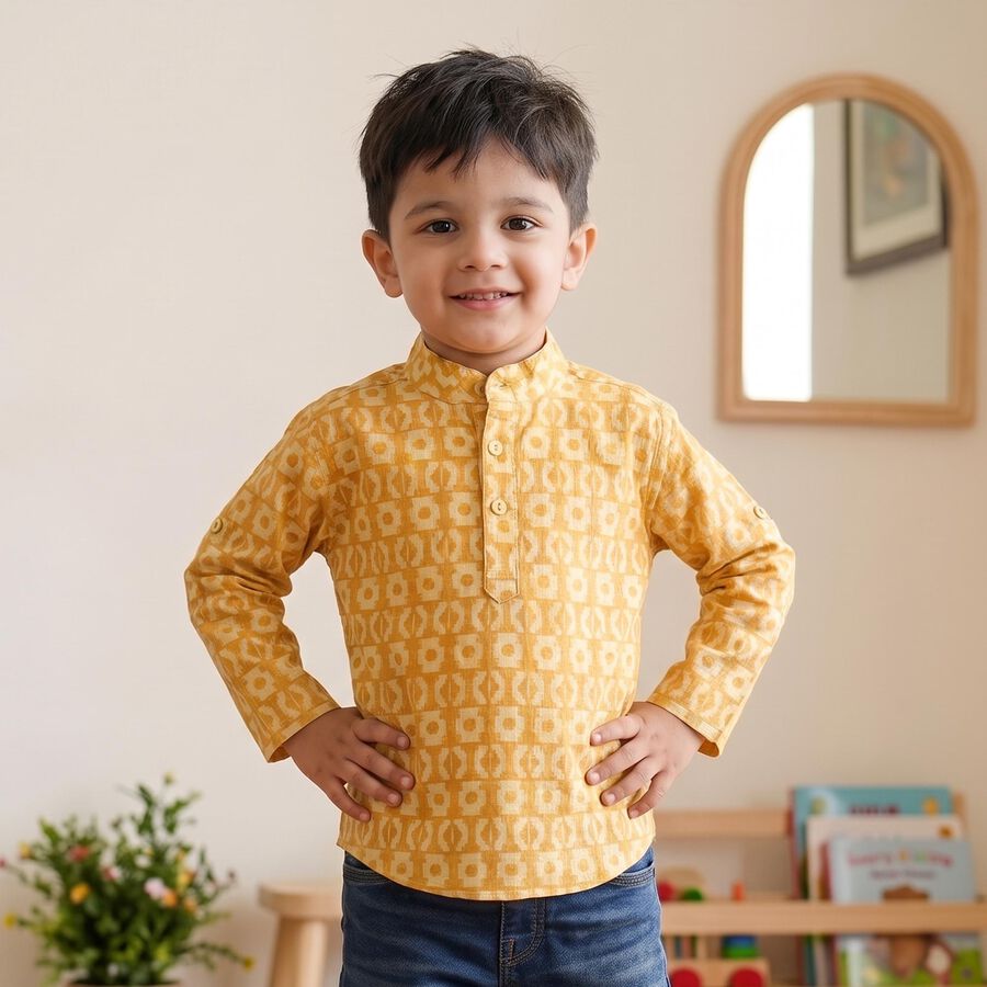 Boys' Yellow Cotton Mandarin Collar Casual Shirt, पीला, large