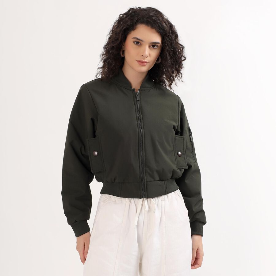 Women's Dark Olive Green Zip Bomber Jacket, Olive, large image number null