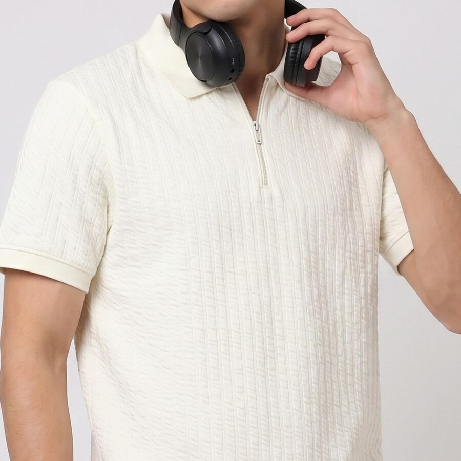 Men's Cream Polo Neck Solid Polo T-Shirt, ऑफ व्हाइट, large