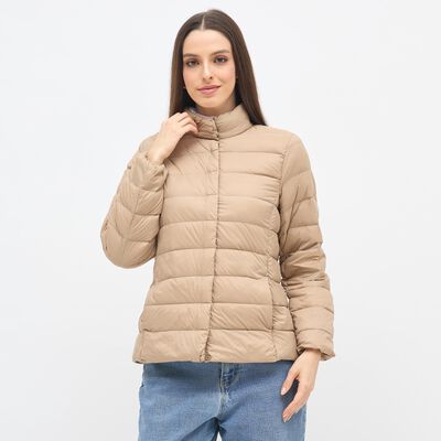 Women's Light Beige High Neck Casual Puffer Jacket