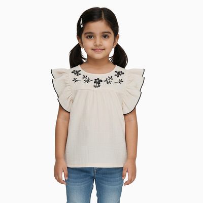 Girls' Off-White Round Neck Casual Ruffle Sleeve T-Shirt