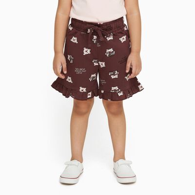 Girls' Deep Maroon Printed Ruffle Hem Cotton Shorts