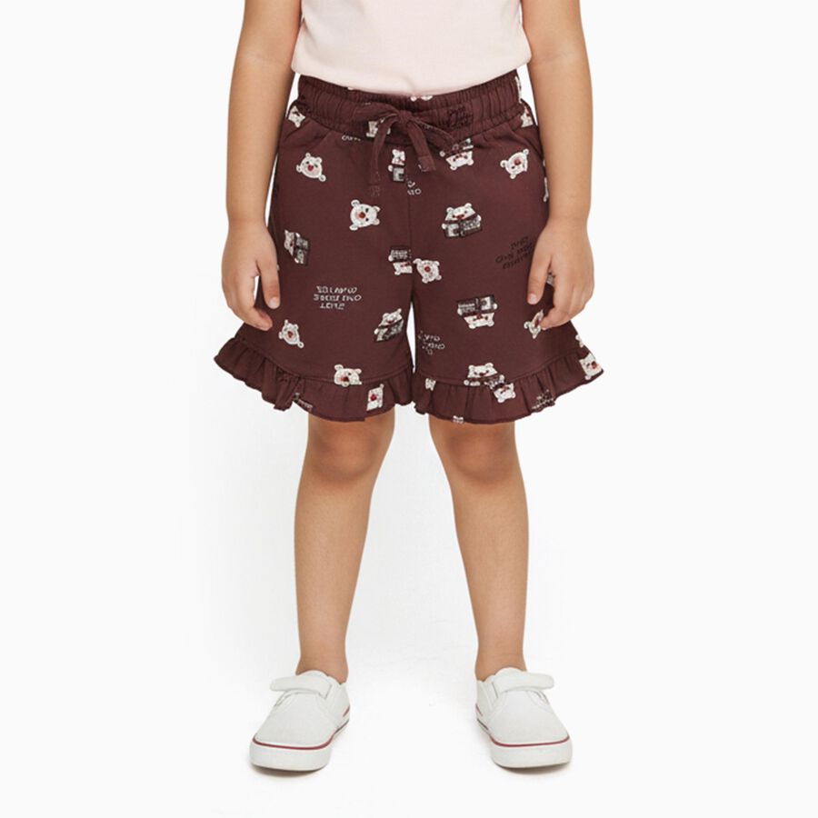 Girls' Deep Maroon Printed Ruffle Hem Cotton Shorts, Light Pink, large image number null