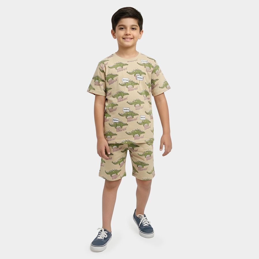 Boys Beige Cotton Round Neck Dinosaur Printed Night Suit, Beige, large