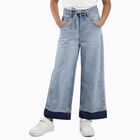 Girls' Light Blue Regular Fit Elastic Waist Drawstring Jeans, Light Blue, small