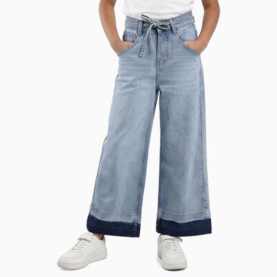 Girls' Light Blue Regular Fit Elastic Waist Drawstring Jeans