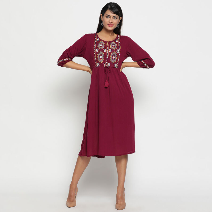 Embroidered Calf Length Dress, Wine, large image number null