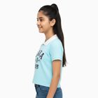 Girls Aqua Blue Cotton Polo Neck Graphic T-Shirt, Aqua, small image number null