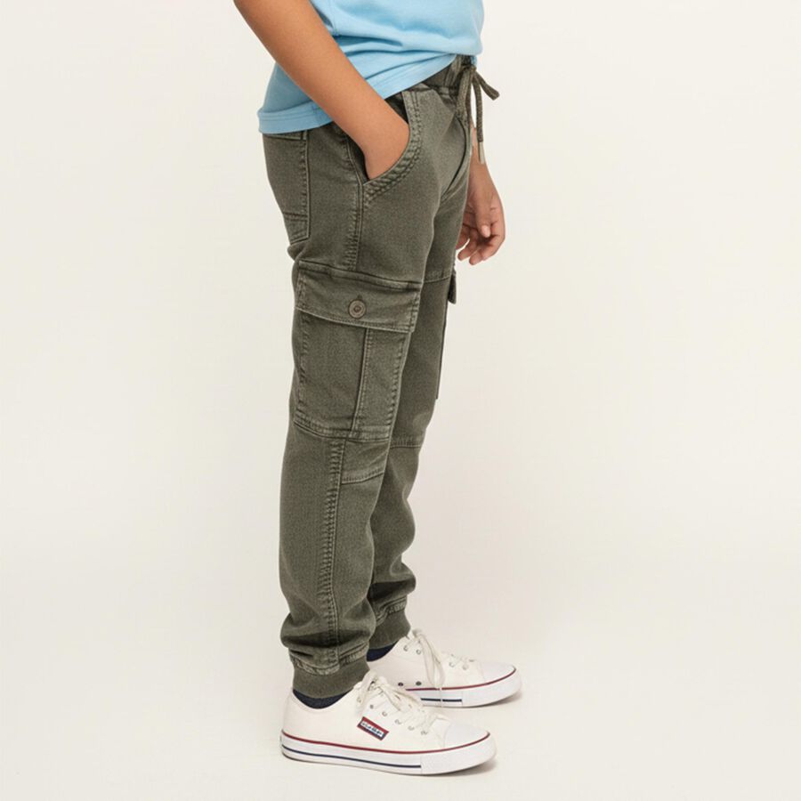 Boys' Muted Olive Green Regular Fit Cargo Trousers, ओलिव, large image number null