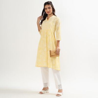 Women's Yellow Round Neck Printed Kurta